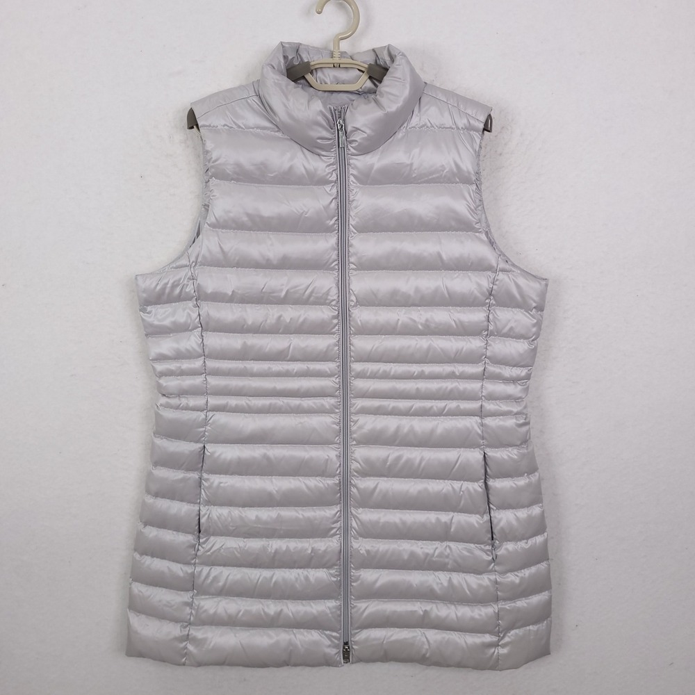 Lands' End Puffer Vest Womens L Silver Quilted Down Insulated Gilet Outwear